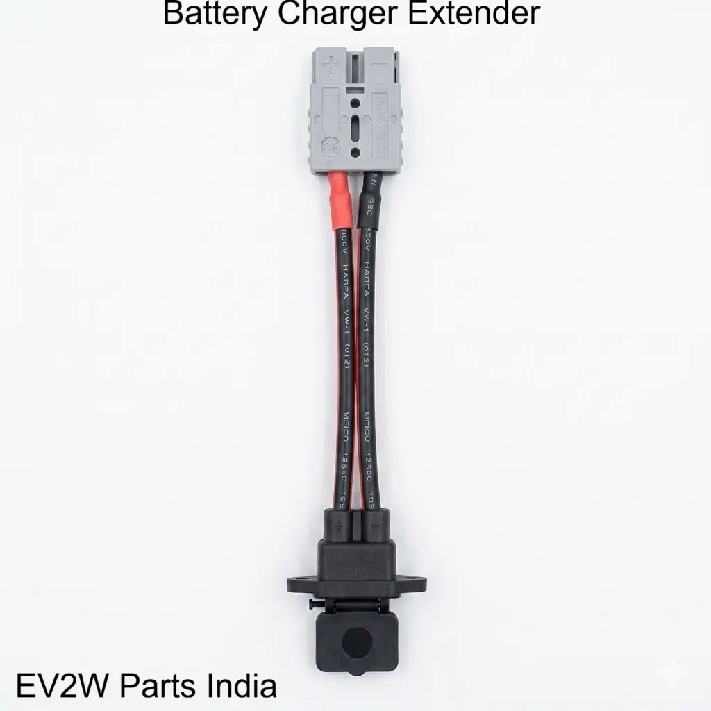 Battery charger extender with red and black wires on a white background, branded as EV2W Parts India.