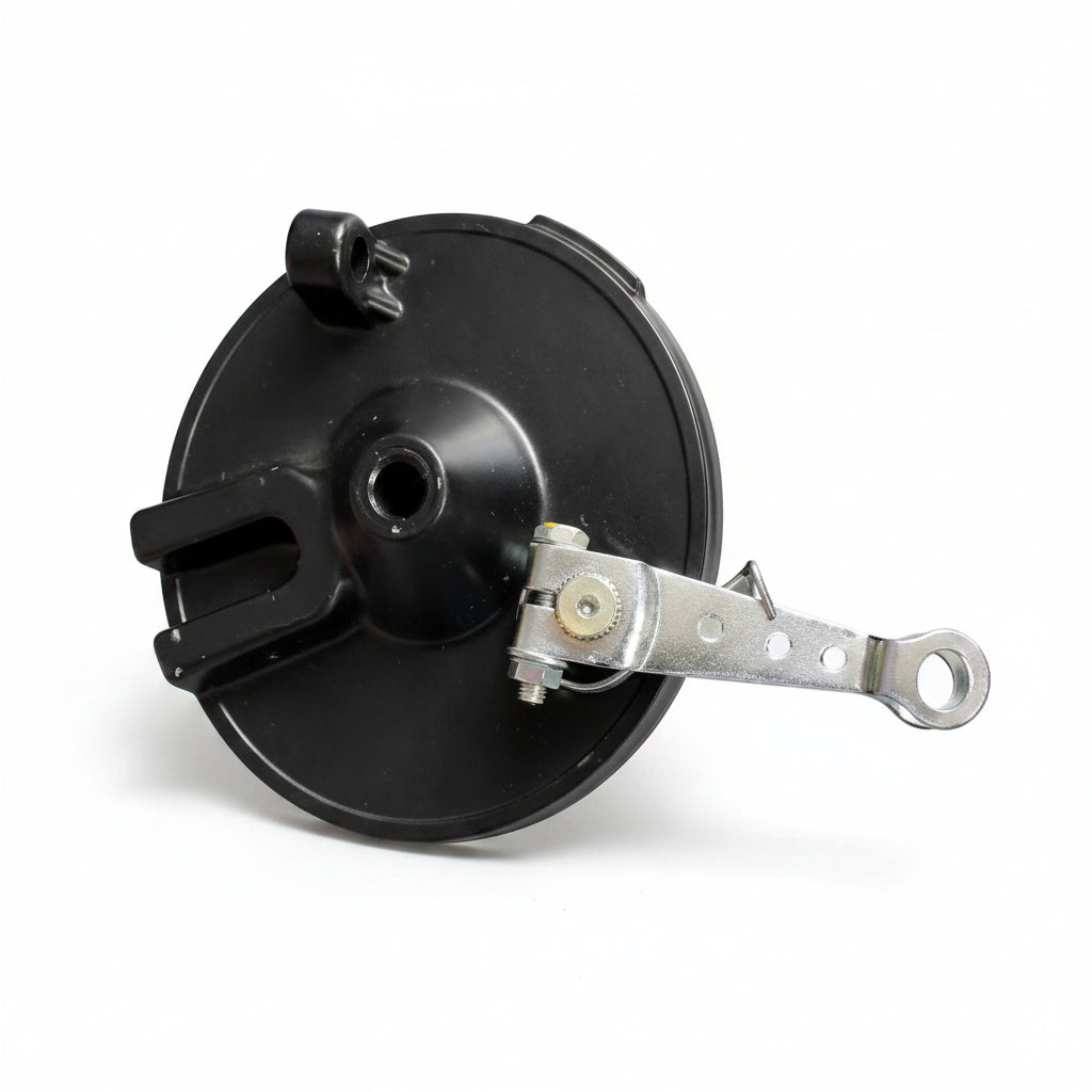 Mechanical component with black housing and metal parts on a white background