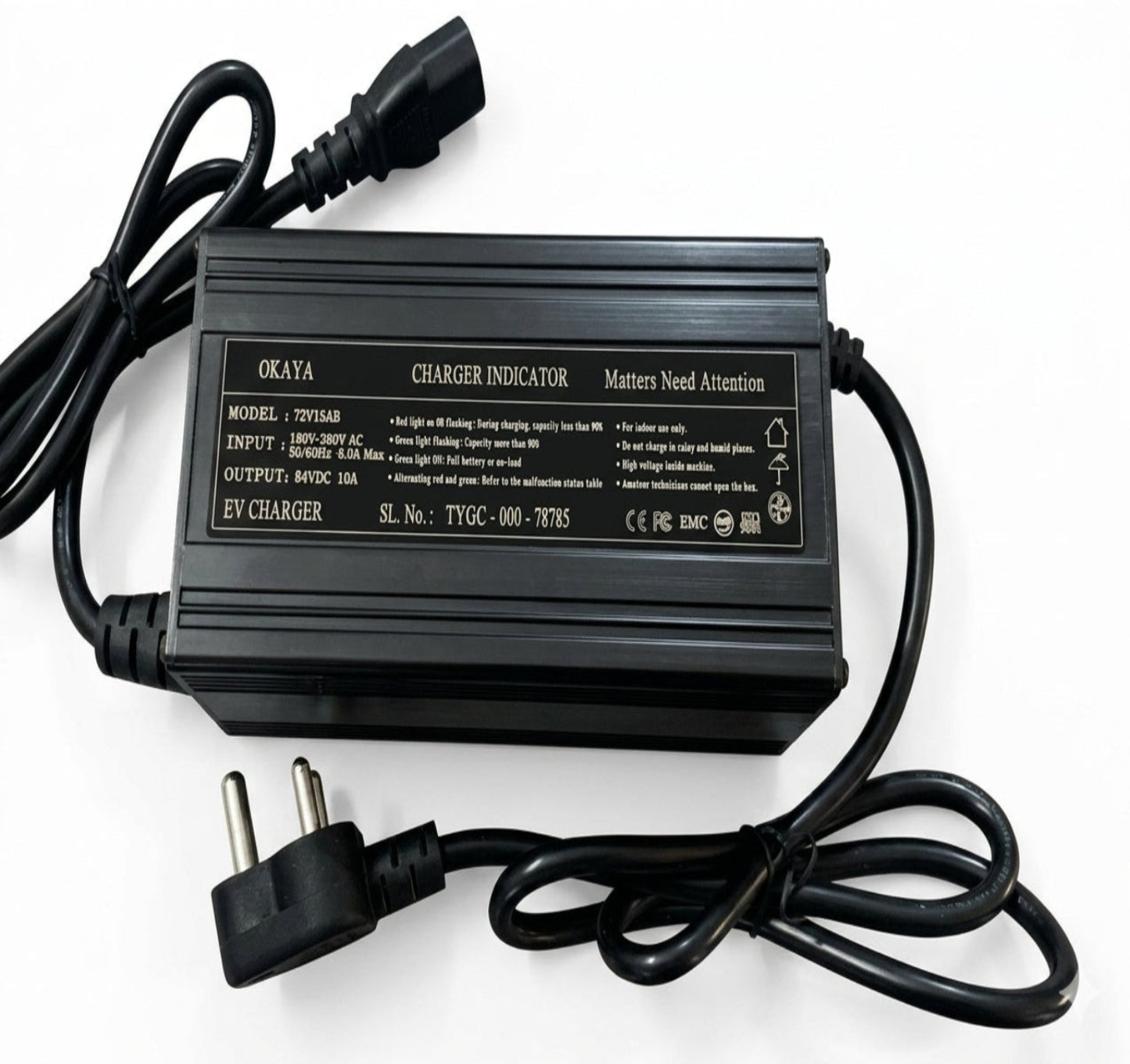 OKAYA 83.95V 10A Li-ion Battery Charger for 72V LFP EV Scooter – IEC 3 Pin Female Connector