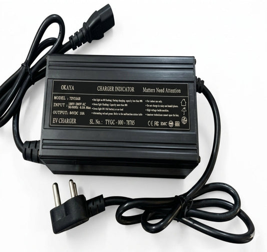 OKAYA 83.95V 10A Li-ion Battery Charger for 72V LFP EV Scooter – IEC 3 Pin Female Connector