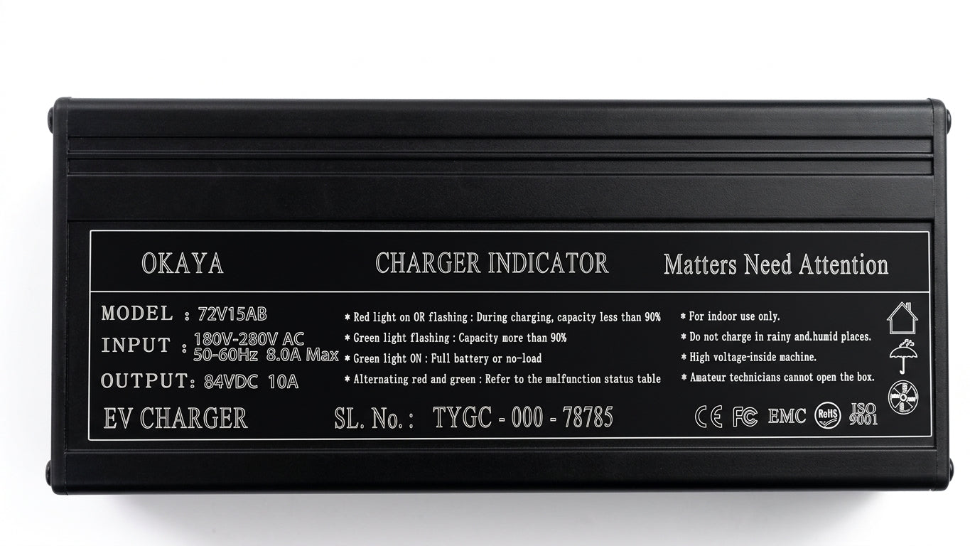 OKAYA 83.95V 10A Li-ion Battery Charger for 72V LFP EV Scooter – IEC 3 Pin Female Connector