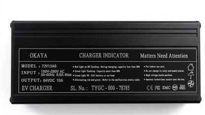 OKAYA 83.95V 10A Li-ion Battery Charger for 72V LFP EV Scooter – IEC 3 Pin Female Connector