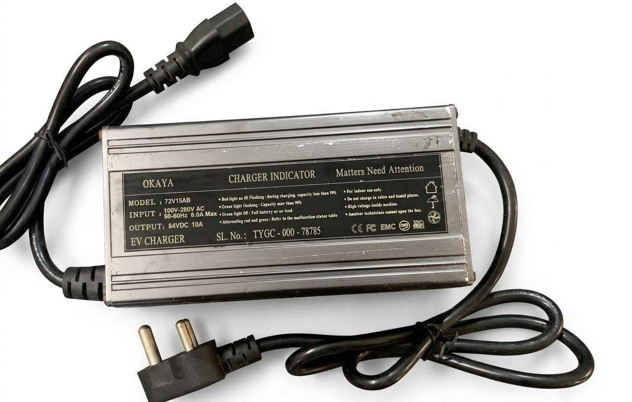 OKAYA 83.95V 10A Li-ion Battery Charger for 72V LFP EV Scooter – IEC 3 Pin Female Connector