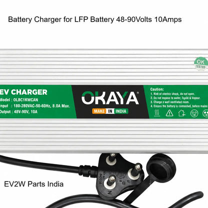 OKAYA battery charger for LFP battery with specifications on a white background