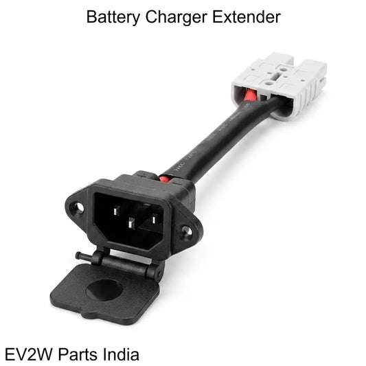 Battery charger extender with black and white connectors on a white background, branded as EV2W Parts India.