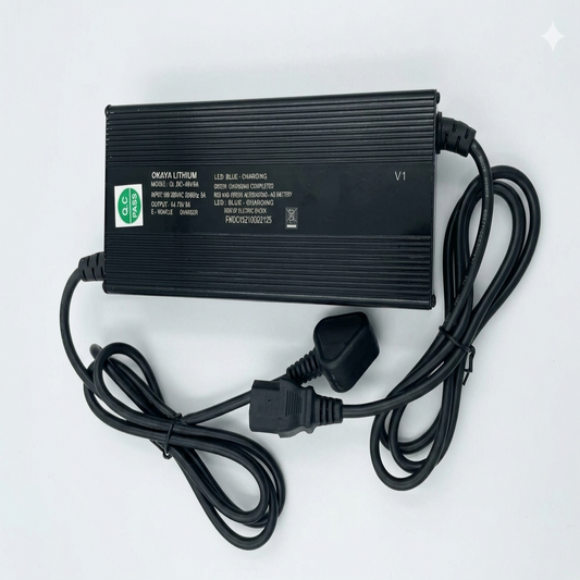 Okaya Lithium 48V 8A EV Battery Charger Model OLBC-48V8A with IEC 3 Pin Female Connector and QC Pass Label – EV2W Parts india