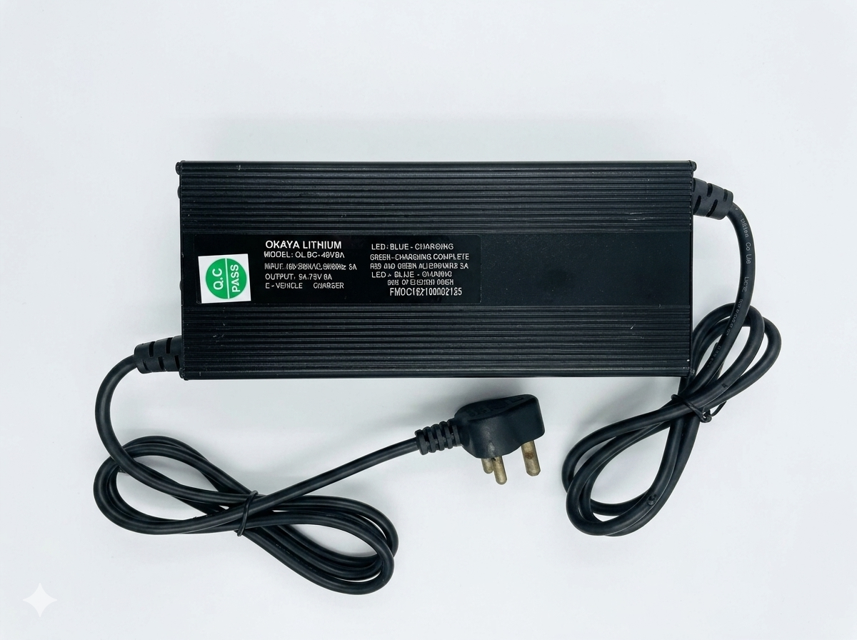 Okaya Lithium OLBC-48V8A Smart EV Charger Top View with Indian 3 Pin Plug – 54.75V 8A Output – EV2W