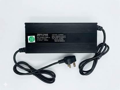 Okaya Lithium OLBC-48V8A Smart EV Charger Top View with Indian 3 Pin Plug – 54.75V 8A Output – EV2W
