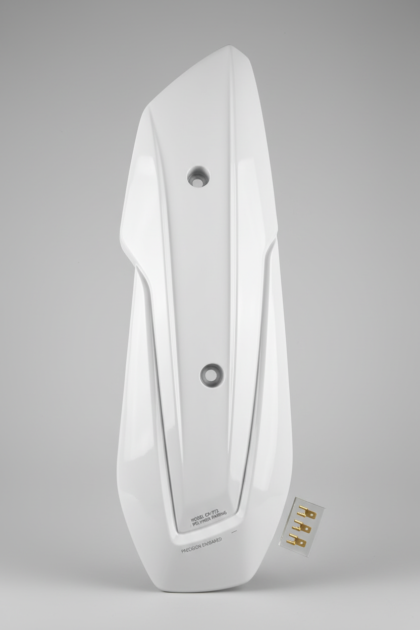 White motorcycle fairing with brand logo on a black background