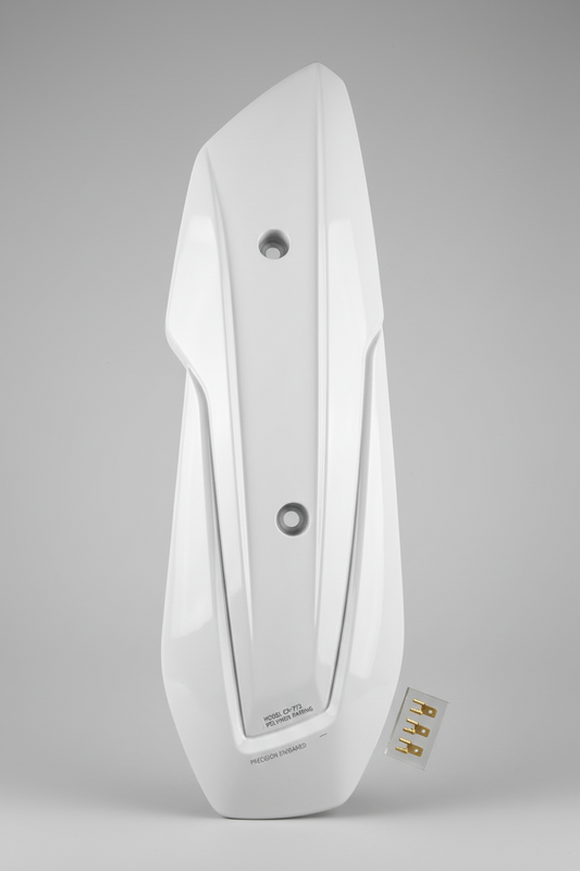 White motorcycle fairing with brand logo on a black background