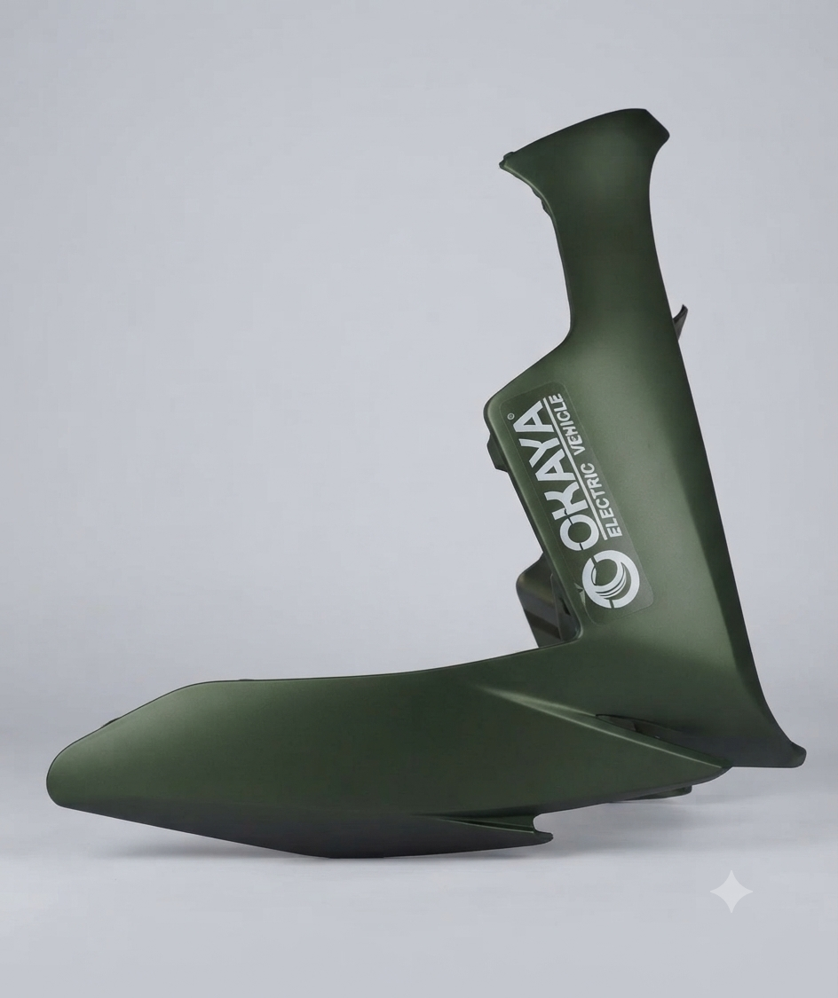 A matte dark green motorcycle tank cover or fairing panel with a white 'OHMA' logo printed on the side, shown against a neutral light gray studio background.