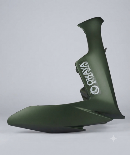 A matte dark green motorcycle tank cover or fairing panel with a white 'OHMA' logo printed on the side, shown against a neutral light gray studio background.