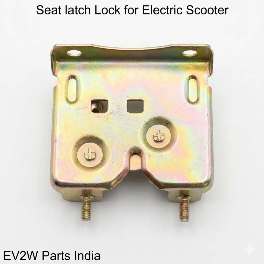 Seat latch lock for electric scooter with 'EV2W Parts India' branding on a white background