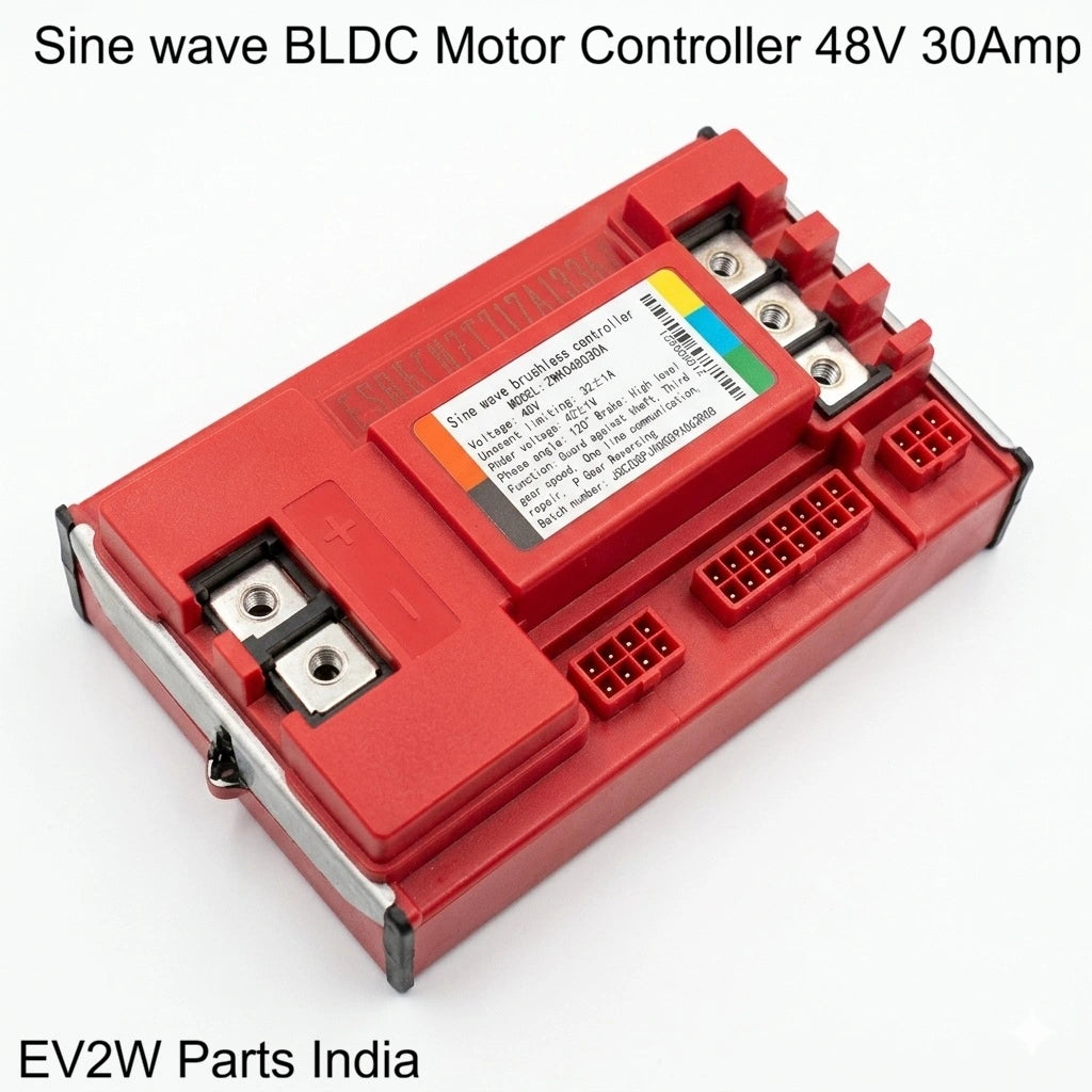 Red sine wave BLDC motor controller with connectors on a white background, branded 'EV2W Parts India'.