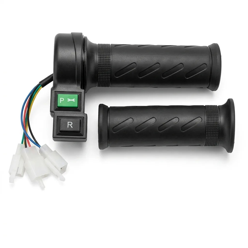 Black motorcycle grips with control unit on a white background