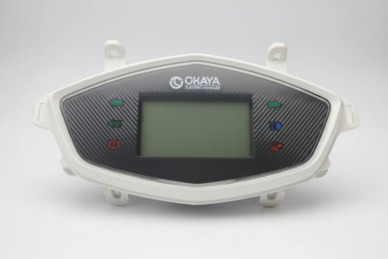 Motorcycle dashboard with O haya branding on a red background