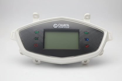 Motorcycle dashboard with O haya branding on a red background