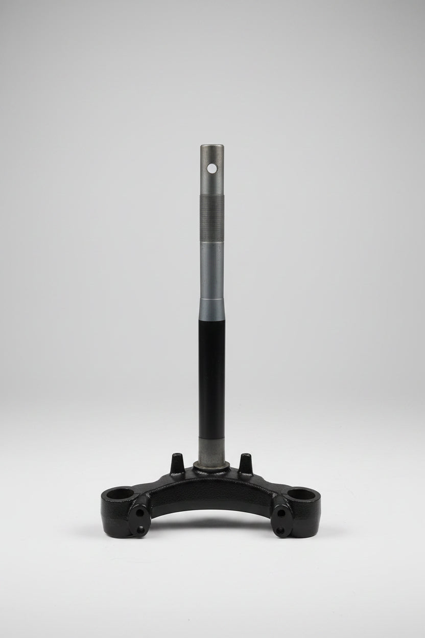 Metal stand or support structure on a tiled floor with wooden panel background