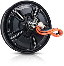 Black electric bike wheel with orange cable on a reflective surface